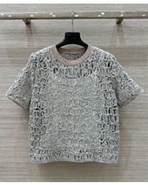 Brunello Cucinelli Women's Shimmering Croc Embroidered Knit T-Shirt Gray