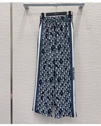 Christian Dior Women's Oblique Print Silk Twill Wide-Leg Trousers Dark Blue