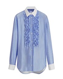 Christian Dior Women's Ruffled Striped Silk Twill Shirt Blue