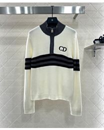 Christian Dior Women's High-Neck Color-Blocked Knit Sweater Cream