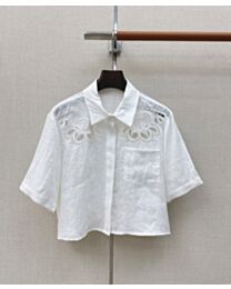 Celine Women's Linen Short-Sleeve Shirt With Cutwork Embroidery White