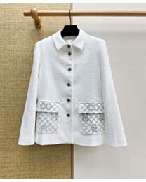 Chanel Women's Plaid-Pocket Tweed Knit Jacket White