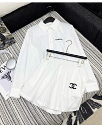 Chanel Women's Letter Embroidered Shirt Shorts Set White
