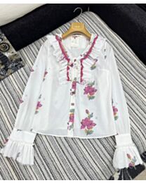 Chanel Women's Handmade Ruffled Printed Bell Sleeve Shirt White