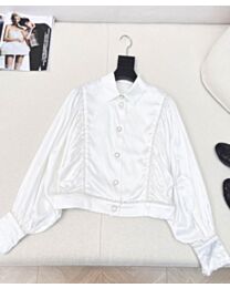 Chanel Pearl Embroidered Letters Full Print Puff Sleeve Shirt White