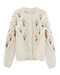 Chanel Women's Stitch Floral Diamond Pom-Pom Hand Knit Cardigan Cream