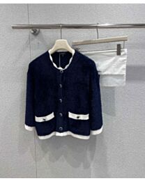 Chanel Women's Color Block Lace Collar Knitted Cardigan Blue