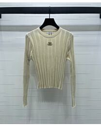 Chanel Round Neck Stripe Embroidered Sweater Cream