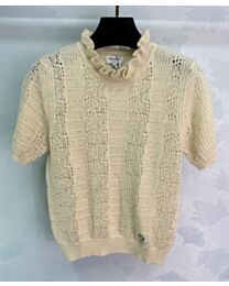 Chanel Fungus Lace Stand Collar Knitted Short Sleeves Apricot