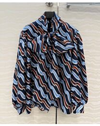 Gucci Women's Silk Shirt With A Wave Pattern And Bow Tie Blue
