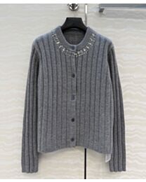 Gucci Women's Beaded Neckline Ribbed Knit Cardigan Gray
