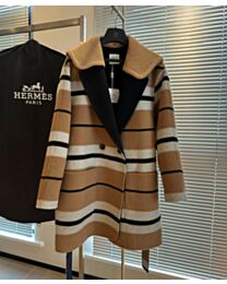 Hermes Women's Striped Wool And Cashmere Blend Double-Breasted Coat Apricot
