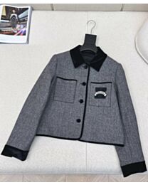 Hermes Women's Houndstooth-Textured Jacket With Suede Collar Gray