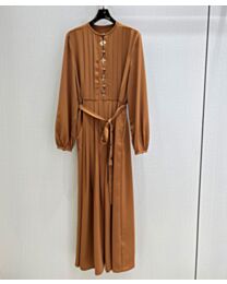 Louis Vuitton Women's Pleated Gold Button Dress Coffee