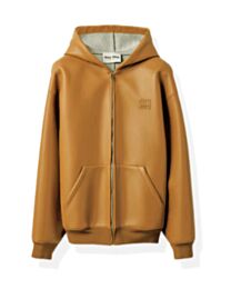 Miu Miu Women's Nappa Leather And Bonded Plain Knit Hoodie Jacket Coffee