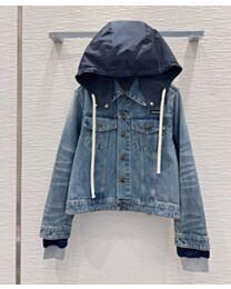 Miu Miu Women's Denim Jacket With A Contrasting Hood And Cuffs Blue