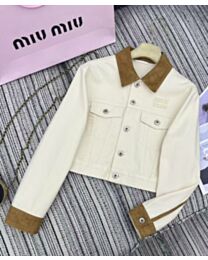 Miumiu Women's Denim And Leather Short Jacket Cream