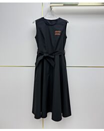 Miu Miu Women's Embroidered Logo Sleeveless Tie-Waist Dress Black