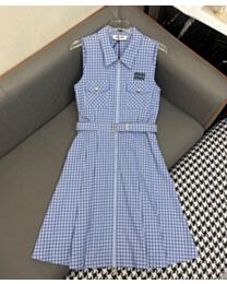 Miumiu Women's Alphabet Applique Plaid Dress Blue