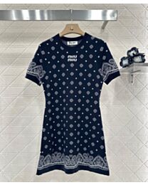Miumiu Women's Diamond Hollow Knit Dress Dark Blue
