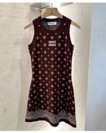 Miumiu Women's Diamond Hollow Knit Vest Dress Coffee