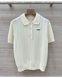 Miu Miu Women's Short-Sleeved Openwork Knit Polo Shirt Cream