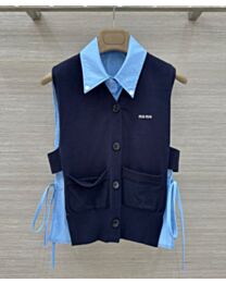 Miu Miu Women's Embroidered Knit Vest Tie-Front Shirt Matching Set Blue