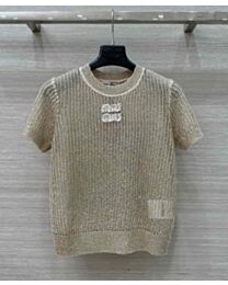 Miumiu Women's Lettering Embroidered Openwork Sweater Apricot