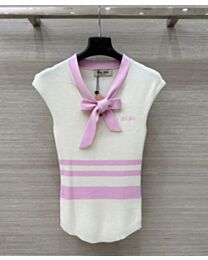 Miumiu Women's Letter Jacquard Bow Tie Contrast Color Knitted Vest Pink