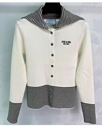Prada Women's Navy Collar Knitted Cardigan Cream