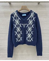 Prada Women's Argyle V-Neck Sweater Dark Blue