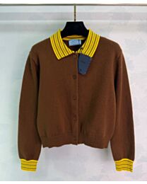 Prada Women's Cardigan With Yellow Striped Collar And Cuffs Coffee