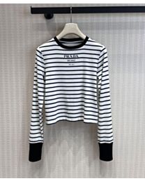 Prada Women's Logo-Striped Long-Sleeve Knit Top White