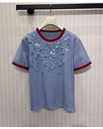 Prada Women's Short-Sleeve Striped Knit T-Shirt With Sequin Embroidery Blue