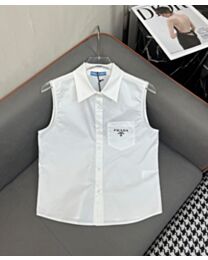 Prada Women's Triangle Logo Letter Printed Sleeveless Shirt White