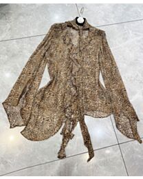 Saint Laurent Women's Leopard Print Ruffled Tie-Front Shirt Coffee