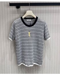 Saint Laurent Women's Embroidered Striped Short-Sleeve Knit Top Black