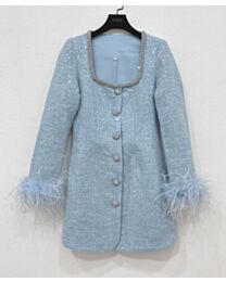 Self Portrait Women's Sequin Boucle Feather Mini Dress Blue