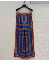 Versace Women's Silk Wide-Leg Pants With Circular Chain Pattern Blue