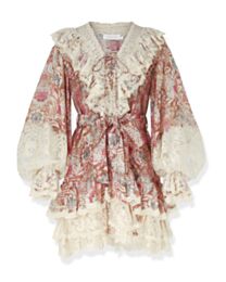 Zimmermann Women's Rebellion Lace-Up Mini Dress Tan Floral Pink