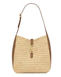 Saint Laurent Le 5 A 7 Supple Small In Raffia And Leather Coffee