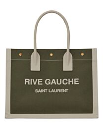 Saint Laurent Rive Gauche Small Tote Bag In Linen And Leather Green