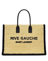 Saint Laurent Rive Gauche Tote Bag In Raffia And Leather Apricot