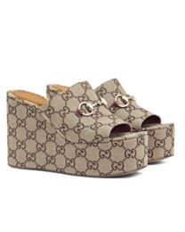 Gucci Women's Horsebit Wedge Sandals Apricot