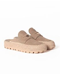 Miumiu Suede And Raffia Flatform Mules Apricot