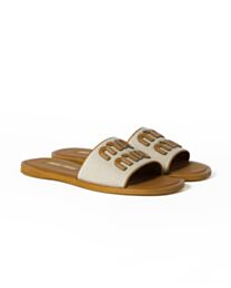 Miumiu Canvas And Leather Logo Slides Coffee