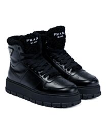 Prada Women's Shearling-Trimmed Leather Ankle Boots