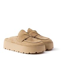 Prada Women's Suede Flatform Mules Apricot