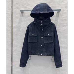 Christian Dior Women's Drawstring Hooded Denim Jacket Dark Blue