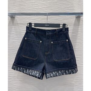 Christian Dior Women's Denim Shorts With Oblique Pattern Decoration Dark Blue